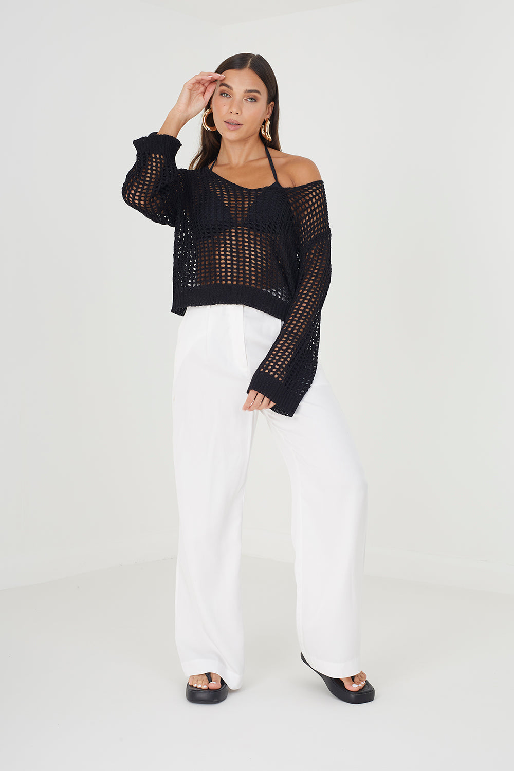 Brave Soul Black Open Knit Mesh Jumper - Black Image 3