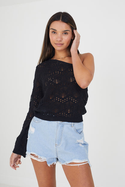 Brave Soul Black Asymmetric Off the Shoulder Jumper - Black Image 1