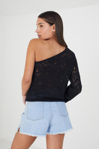 Brave Soul Black Asymmetric Off the Shoulder Jumper - Black Image 2