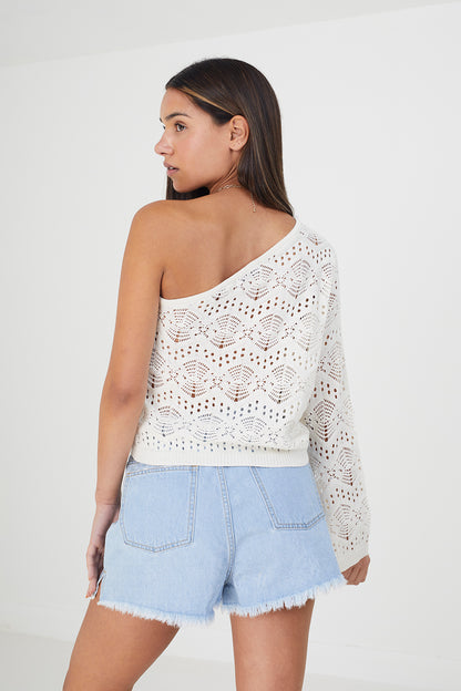 Brave Soul Cream Asymmetric Off the Shoulder Jumper - Cream Image 2