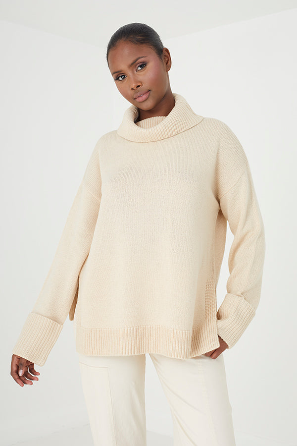 Brave Soul Stone Roll Neck Jumper With Turn Up Cuffs - Stone Image 1
