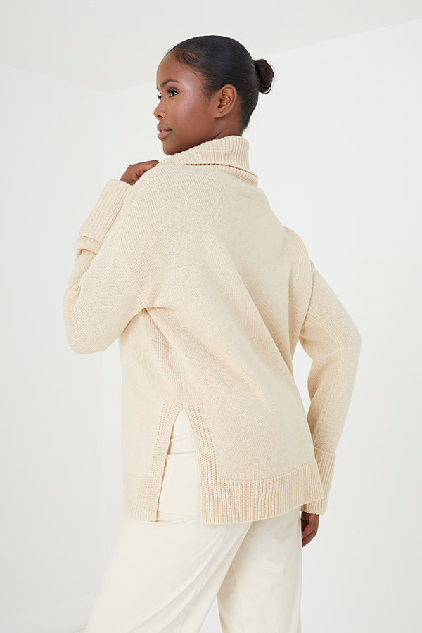 Brave Soul Stone Roll Neck Jumper With Turn Up Cuffs - Stone Image 2