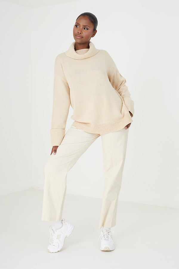 Brave Soul Stone Roll Neck Jumper With Turn Up Cuffs - Stone Image 3