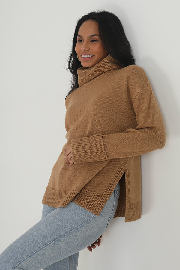 Brave Soul Camel Roll Neck Jumper With Turn Up Cuffs - Camel Image 1