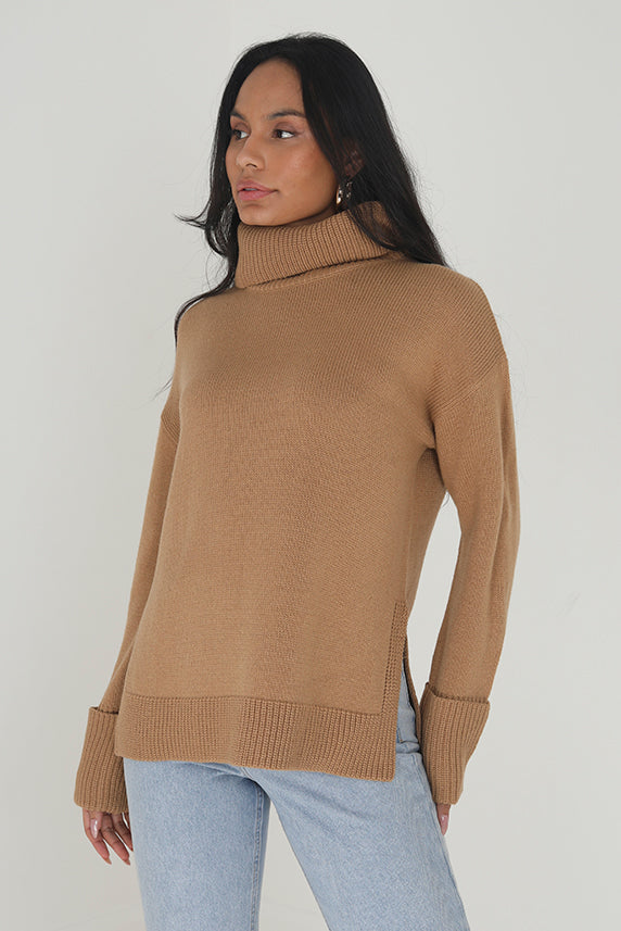 Brave Soul Camel Roll Neck Jumper With Turn Up Cuffs - Camel Image 3
