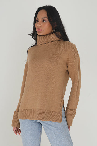 Brave Soul Camel Roll Neck Jumper With Turn Up Cuffs - Camel Image 3