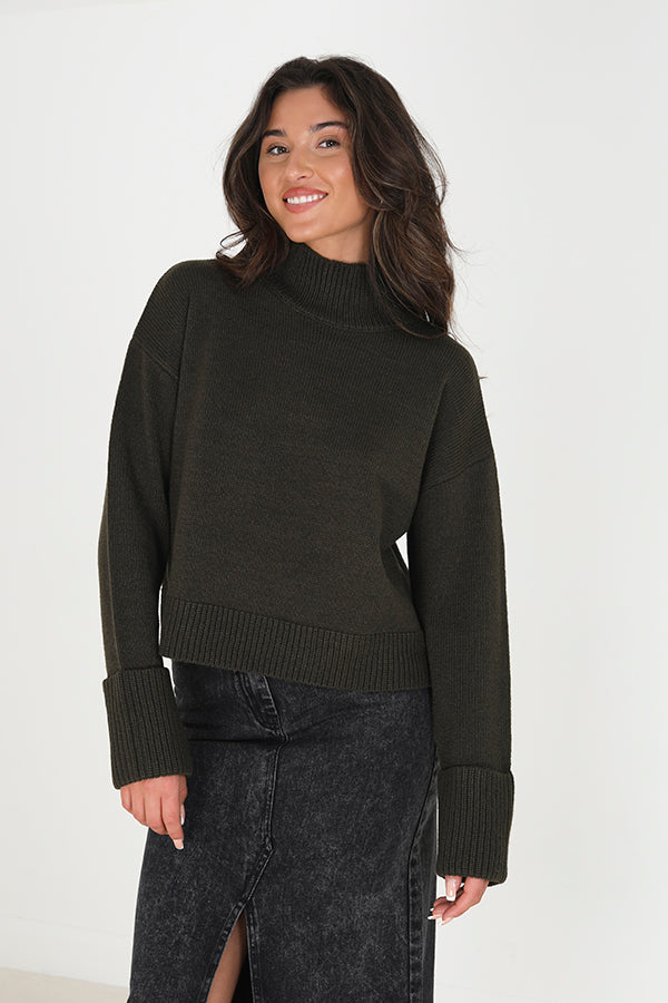 Brave Soul Khaki Turtle Neck Fisherman Knit Jumper - Khaki Image 1