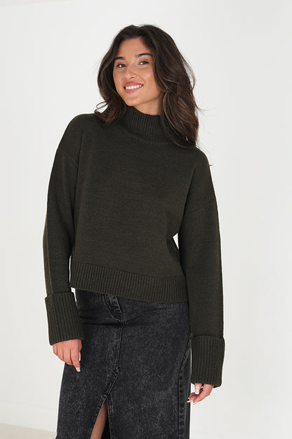 Brave Soul Khaki Turtle Neck Fisherman Knit Jumper - Khaki Image 1