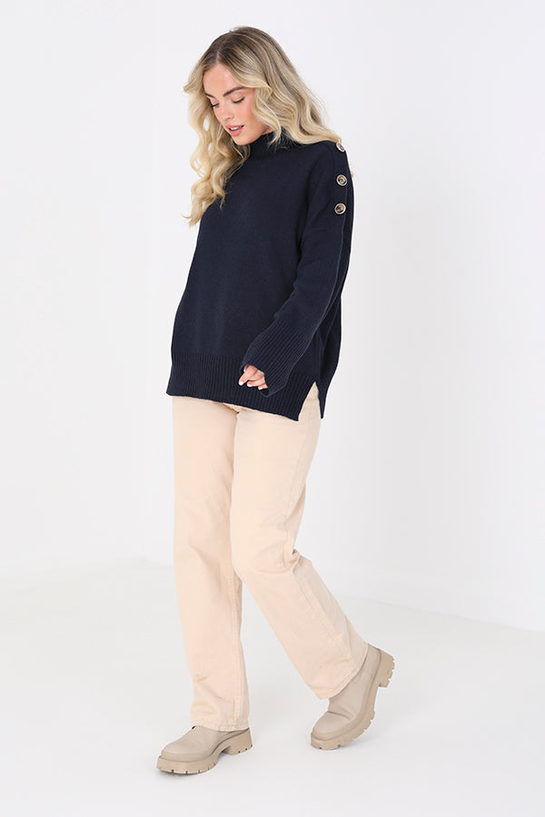 Brave Soul Navy Turtle Neck Jumper With Button Details - Navy Image 3