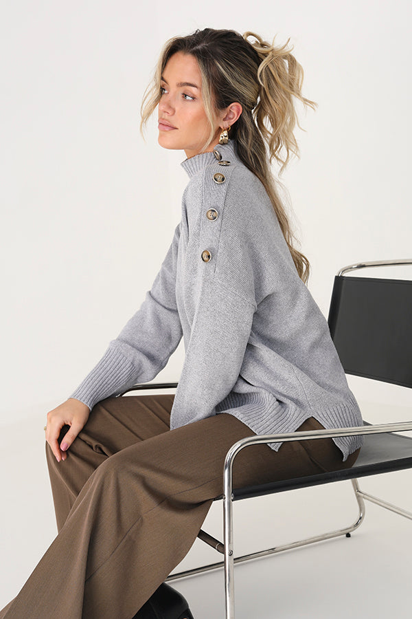 Brave Soul Grey Turtle Neck Jumper With Button Details - Grey Image 2