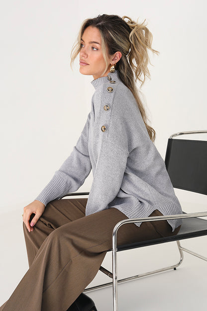 Brave Soul Grey Turtle Neck Jumper With Button Details - Grey Image 2