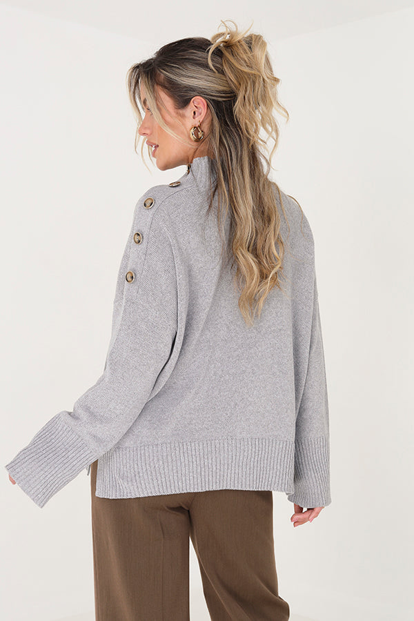 Brave Soul Grey Turtle Neck Jumper With Button Details - Grey Image 3