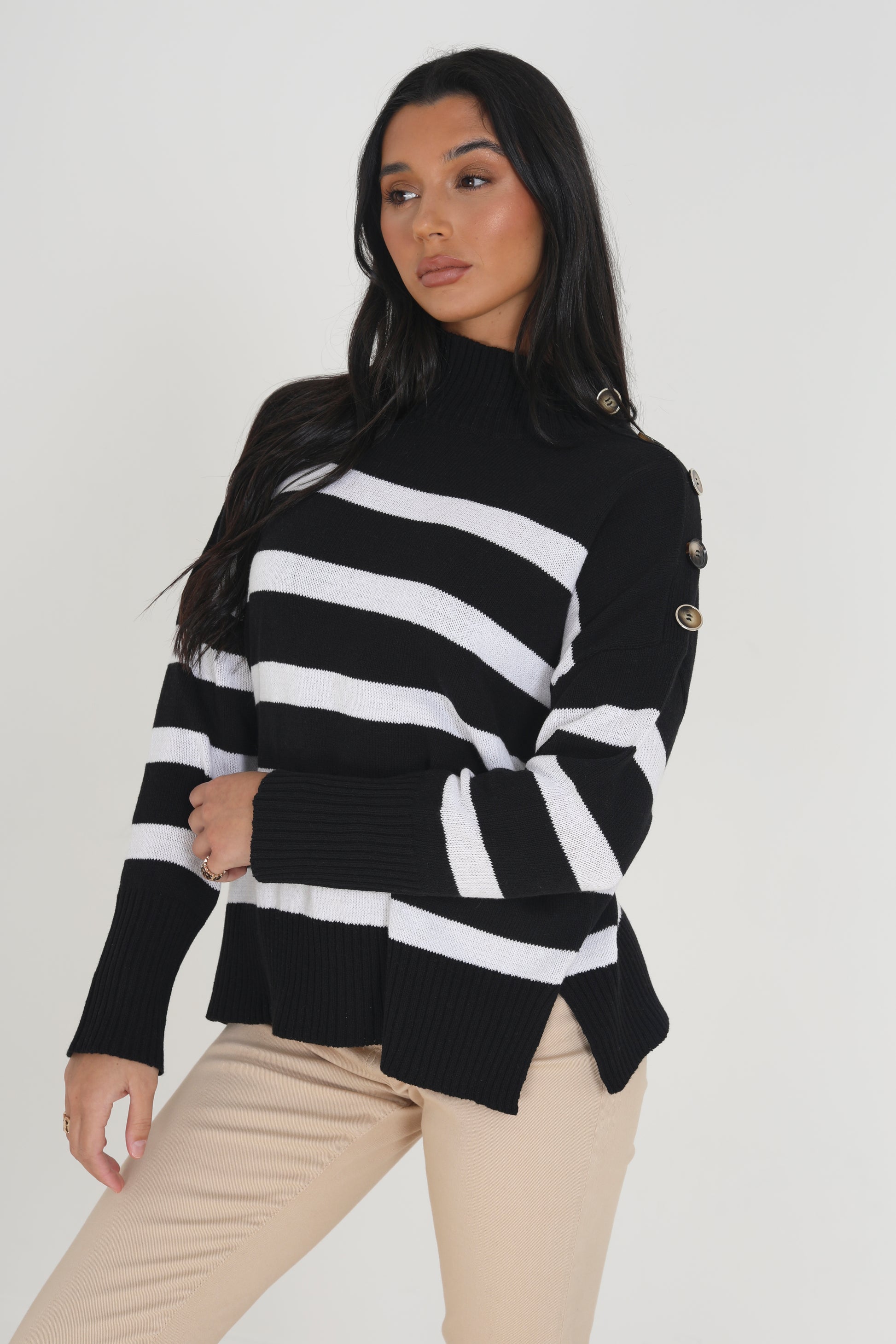 Brave Soul Navy Turtle Neck Jumper With Button Details - Navy Image 1