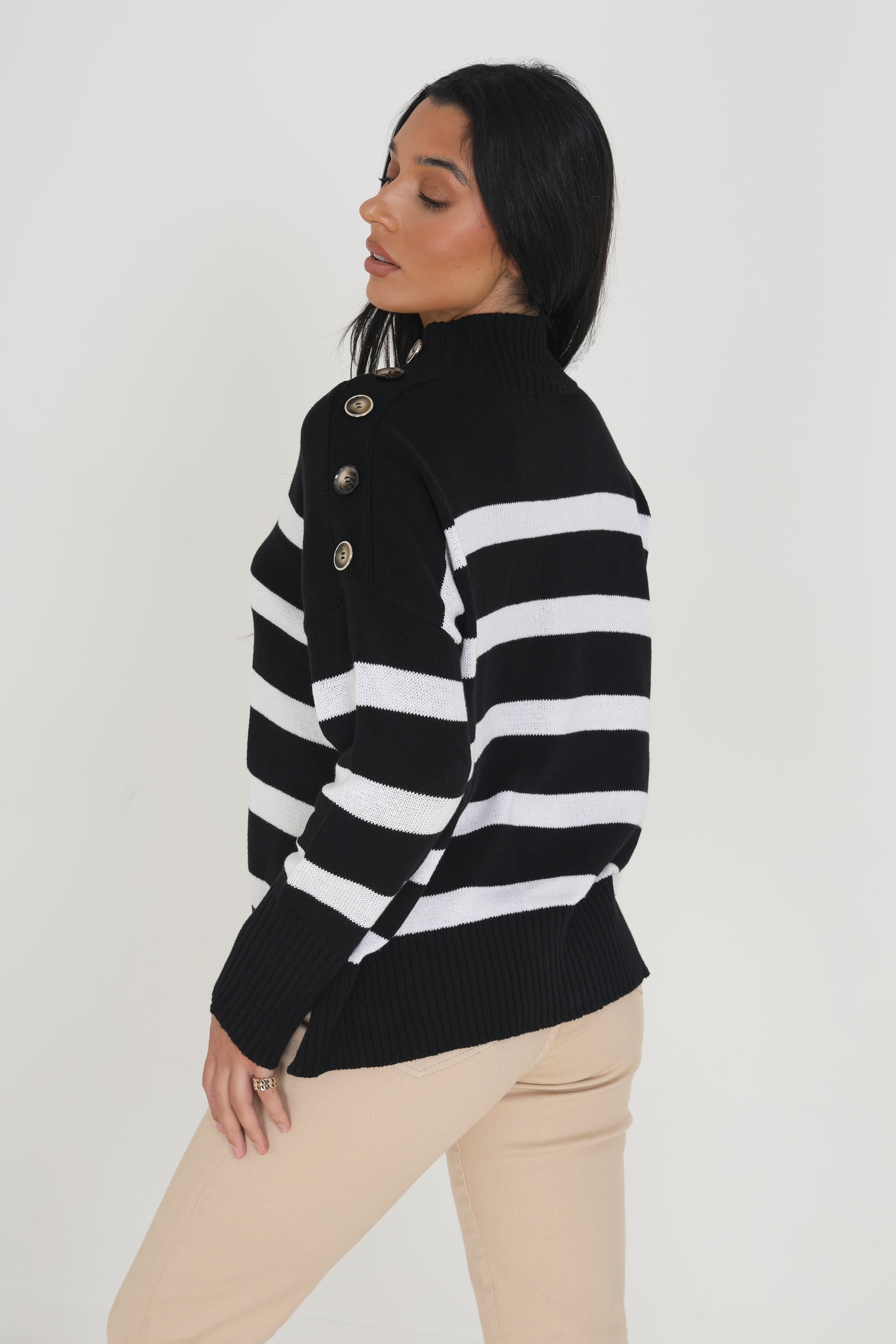 Brave Soul Navy Turtle Neck Jumper With Button Details - Navy Image 2