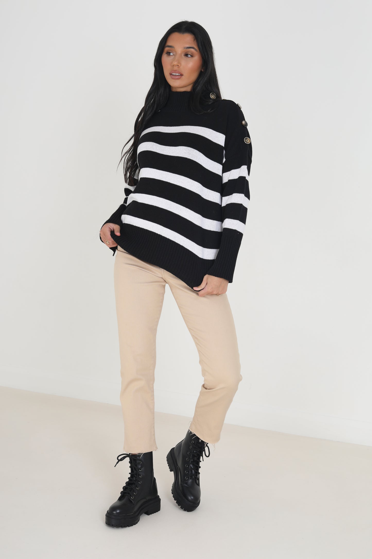 Brave Soul Navy Turtle Neck Jumper With Button Details - Navy Image 3