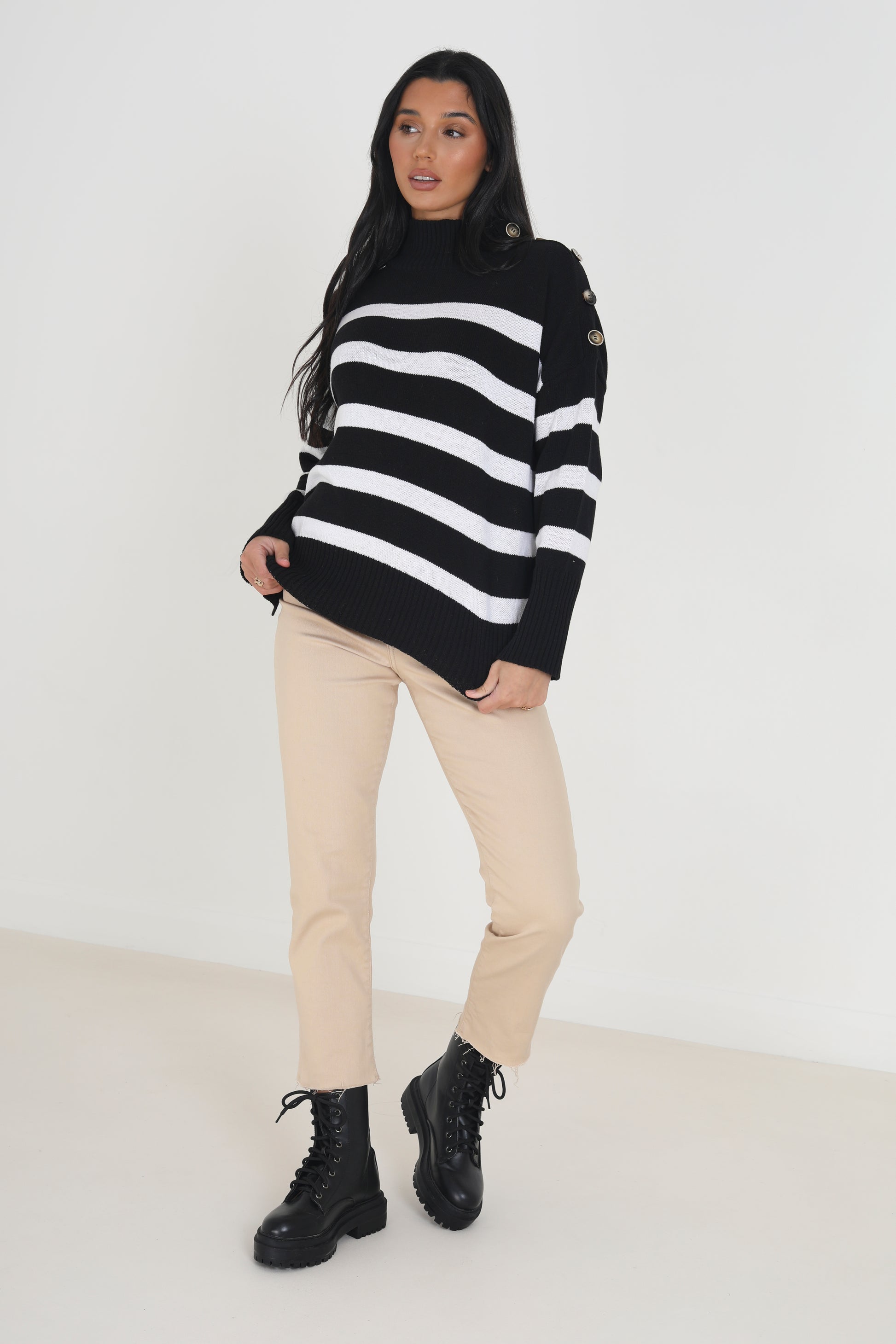 Brave Soul Navy Turtle Neck Jumper With Button Details - Navy Image 3