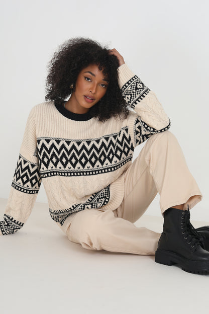 Brave Soul Ecru Oversized Cable Knit Jacquard Jumper - Ecru Image 1