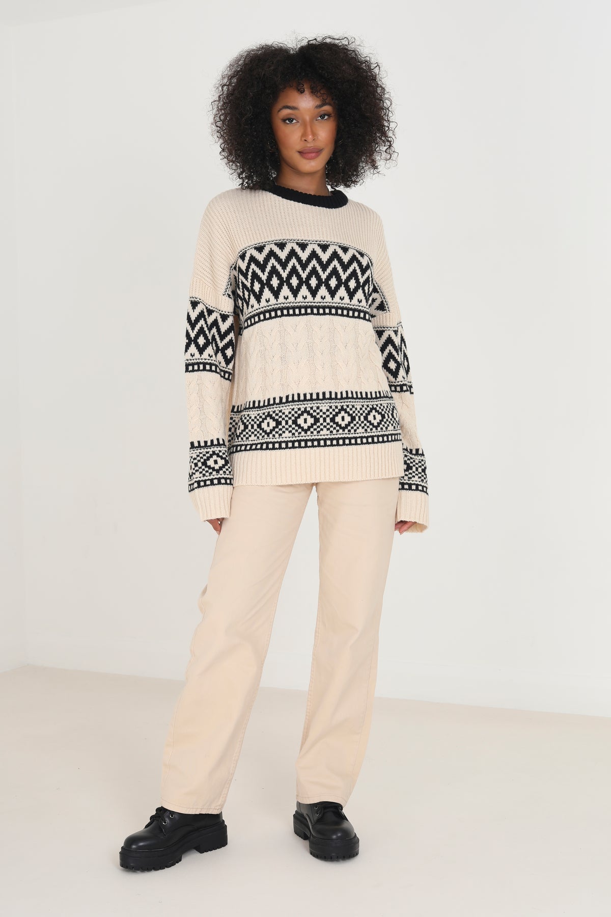 Brave Soul Ecru Oversized Cable Knit Jacquard Jumper - Ecru Image 3