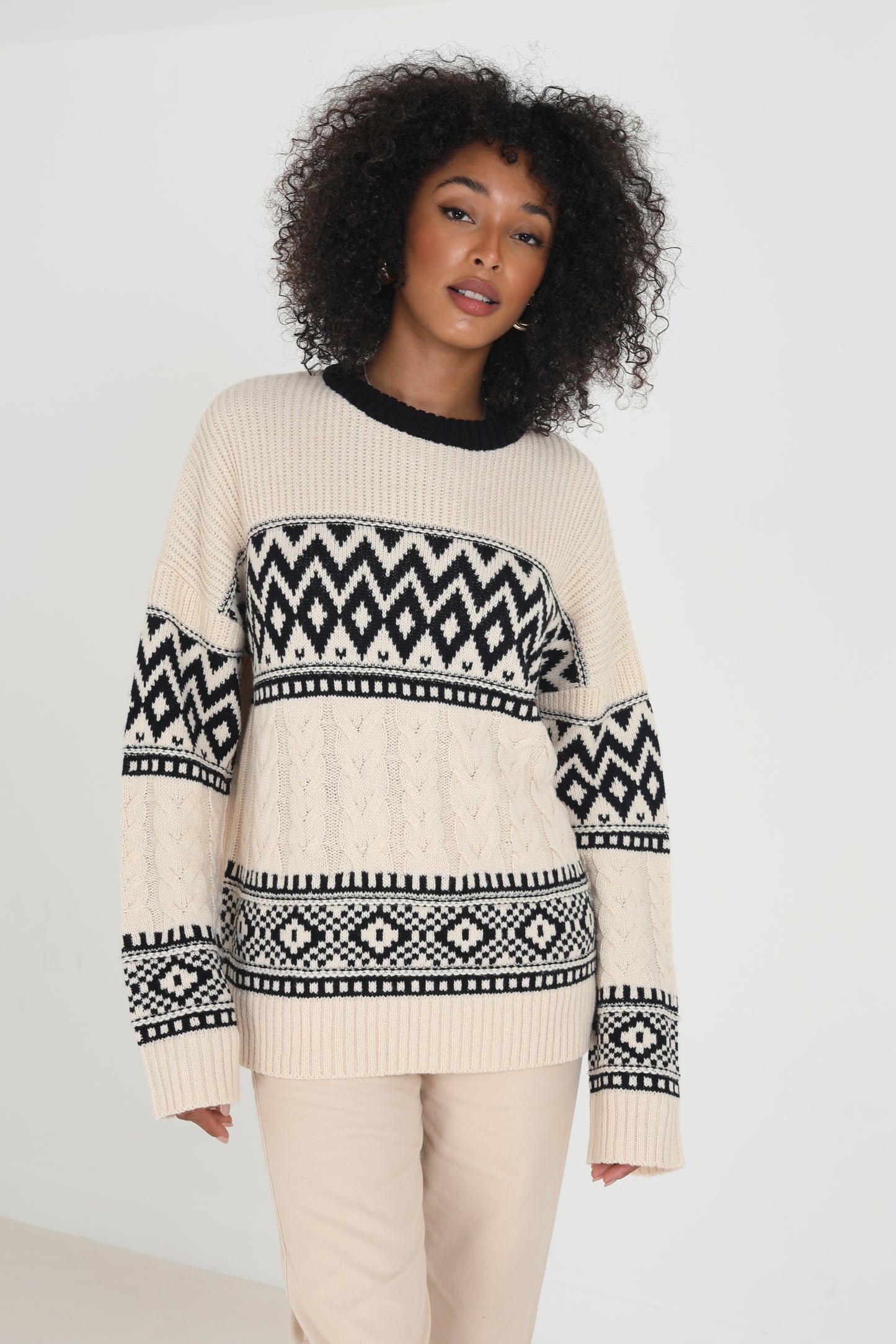 Brave Soul Ecru Oversized Cable Knit Jacquard Jumper - Ecru Image 4