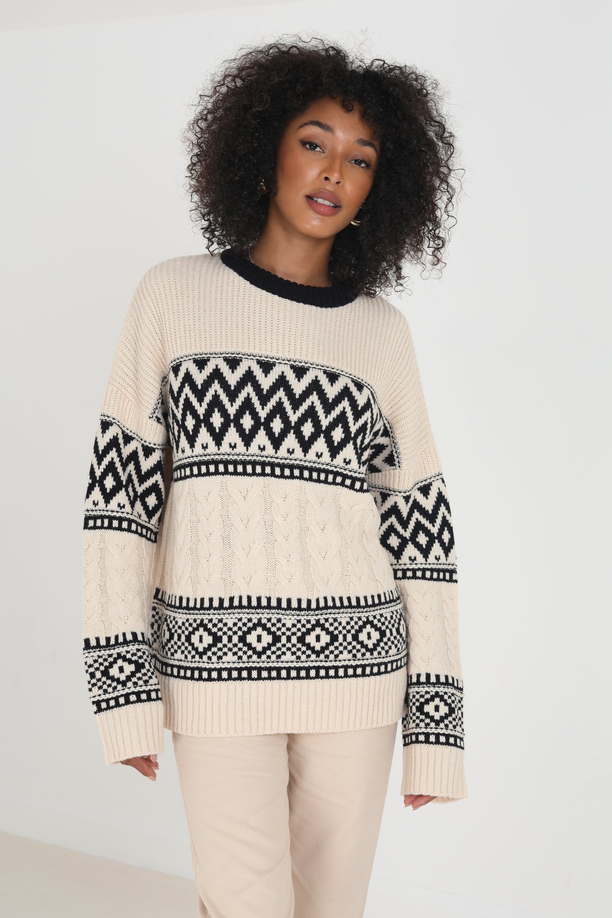 Brave Soul Ecru Oversized Cable Knit Jacquard Jumper - Ecru Image 4