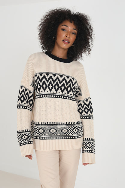 Brave Soul Ecru Oversized Cable Knit Jacquard Jumper - Ecru Image 4