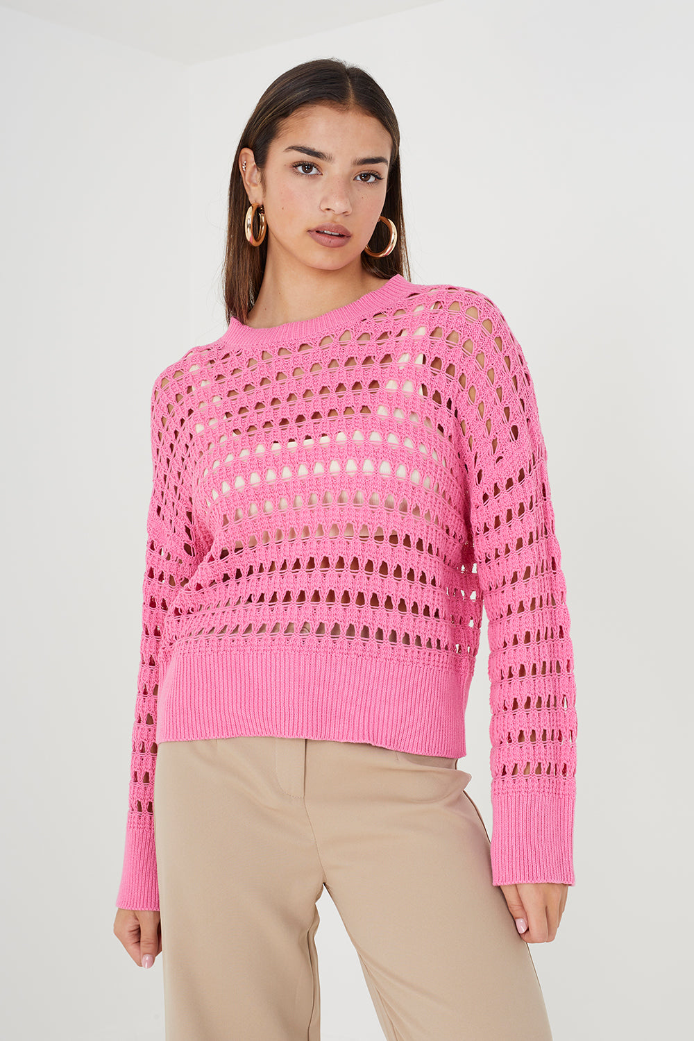 Brave Soul Pink Mesh Cropped Oversized Jumper - Pink Image 1