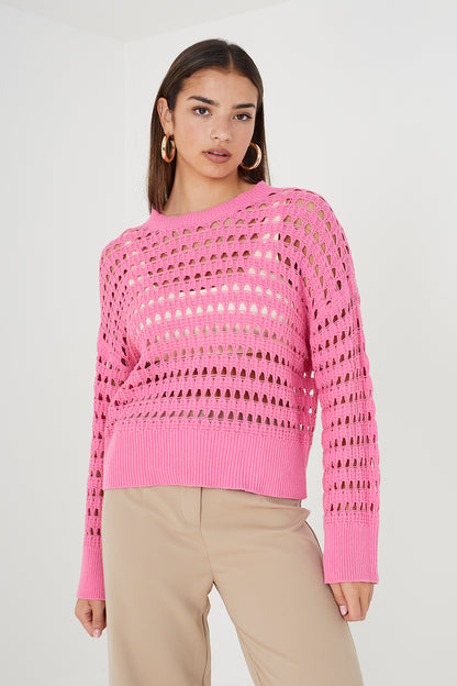 Brave Soul Pink Mesh Cropped Oversized Jumper - Pink Image 1