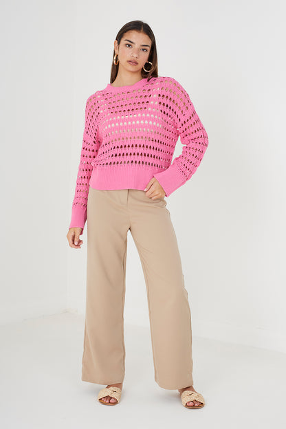 Brave Soul Pink Mesh Cropped Oversized Jumper - Pink Image 3