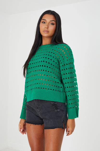 Brave Soul Green Mesh Cropped Oversized Jumper - Green Image 1