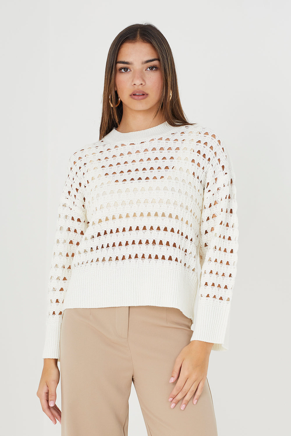 Brave Soul Cream Mesh Cropped Oversized Jumper - Cream Image 1