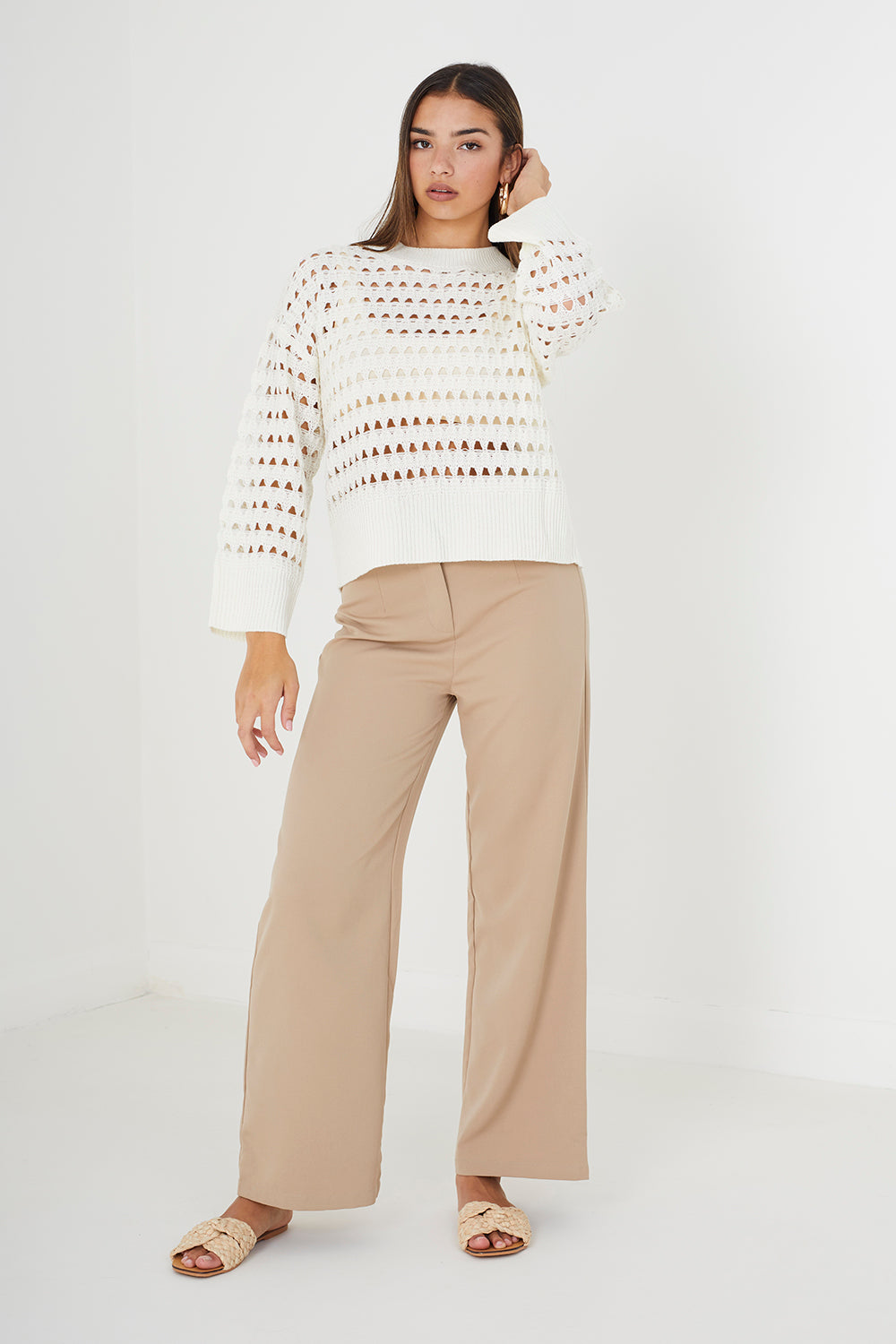 Brave Soul Cream Mesh Cropped Oversized Jumper - Cream Image 3