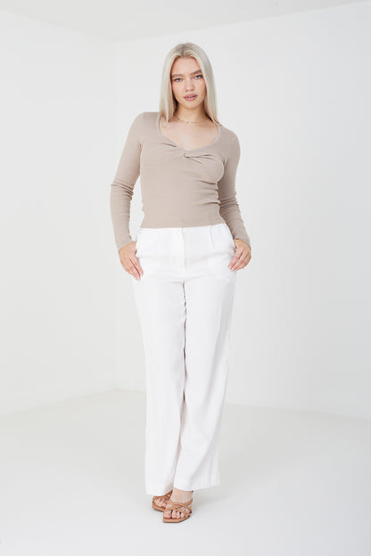 Brave Soul Beige Twisted V-Neck Rib Jumper - Beige Image 3