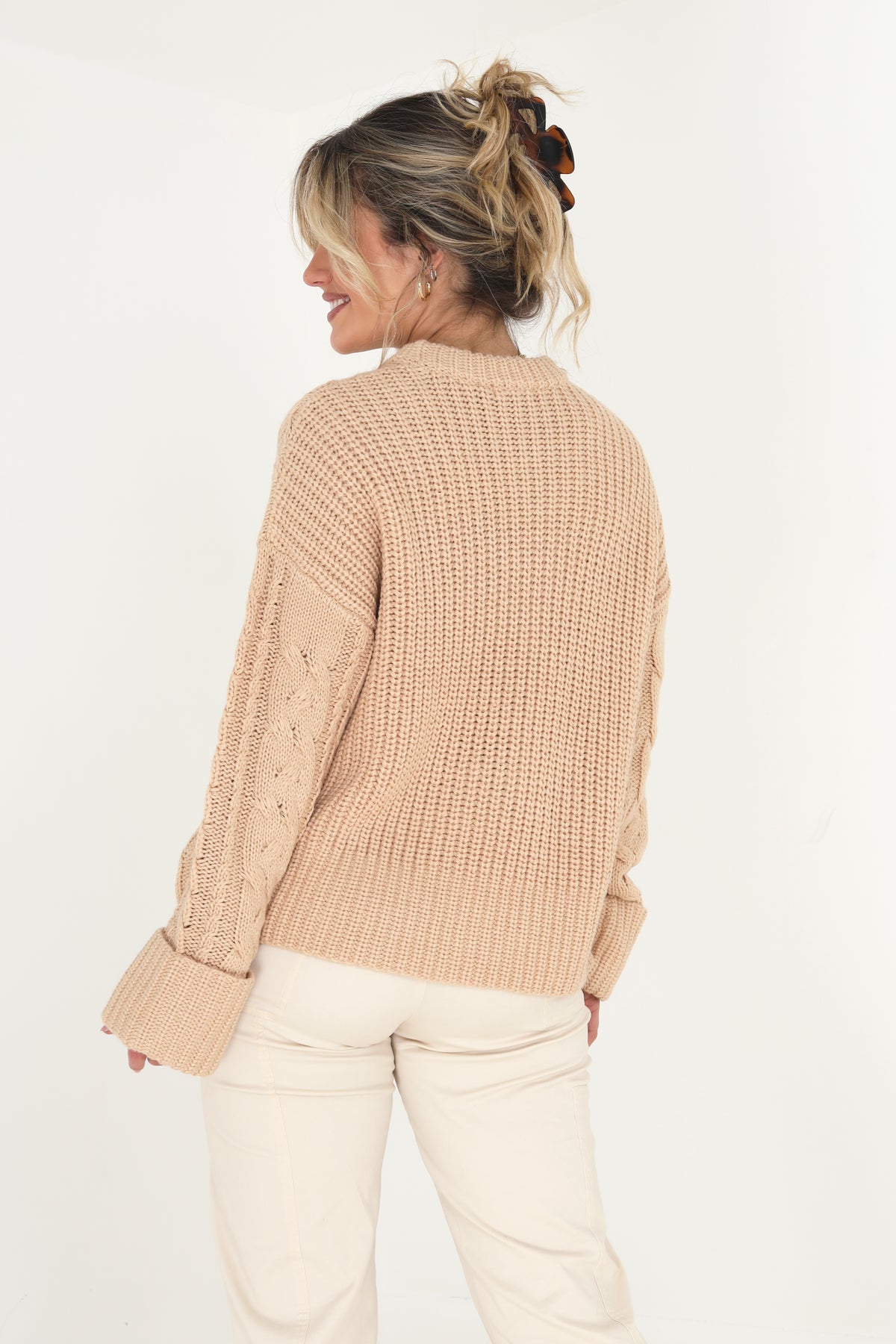 Brave Soul Light Beige Crew Neck Cable Knit Jumper - Light Beige Image 2