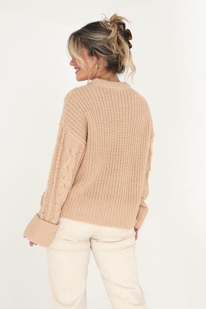 Brave Soul Light Beige Crew Neck Cable Knit Jumper - Light Beige Image 2