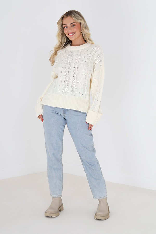 Brave Soul Ivory Crew Neck Cable Knit Jumper - Ivory Image 3
