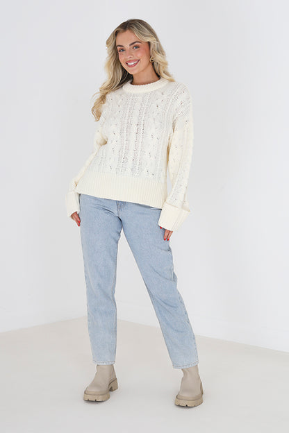 Brave Soul Ivory Crew Neck Cable Knit Jumper - Ivory Image 3