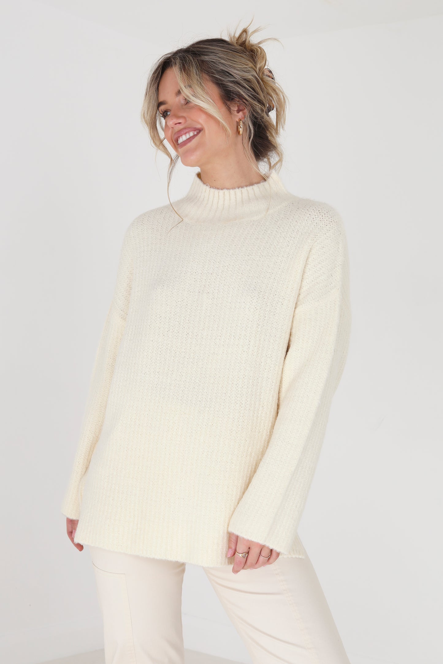 Brave Soul Cream Oversized Turtle Neck Jumper - Cream Image 3
