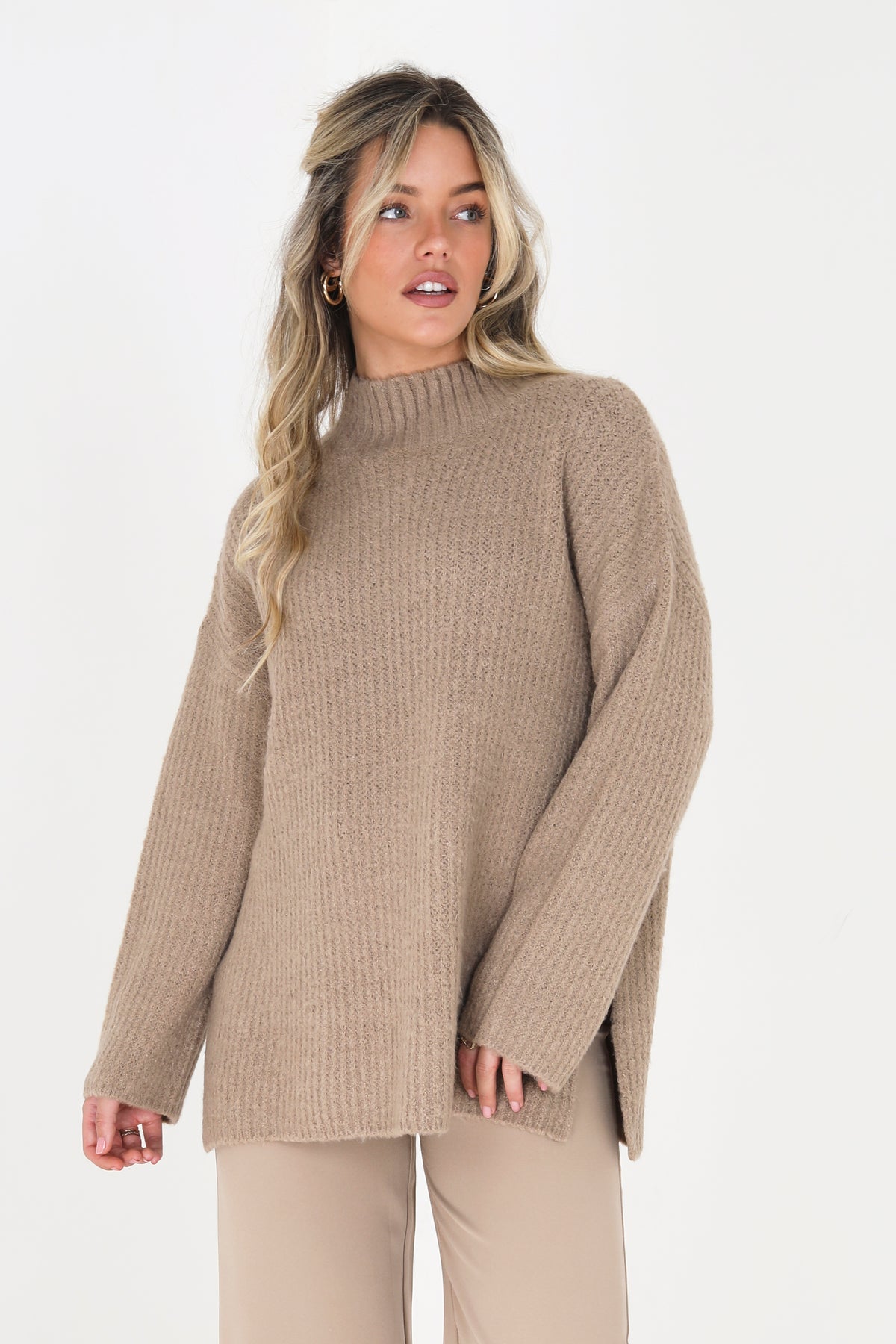 Brave Soul Taupe Oversized Turtle Neck Jumper - Taupe Image 1