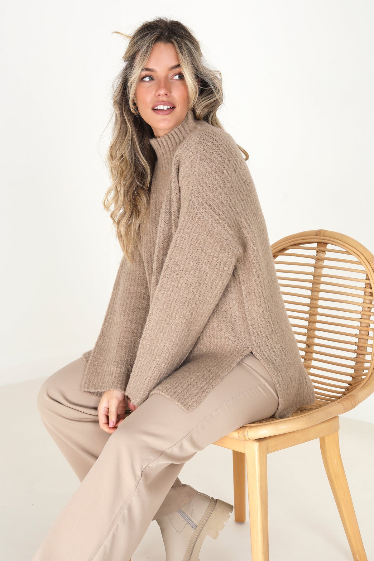 Brave Soul Taupe Oversized Turtle Neck Jumper - Taupe Image 3