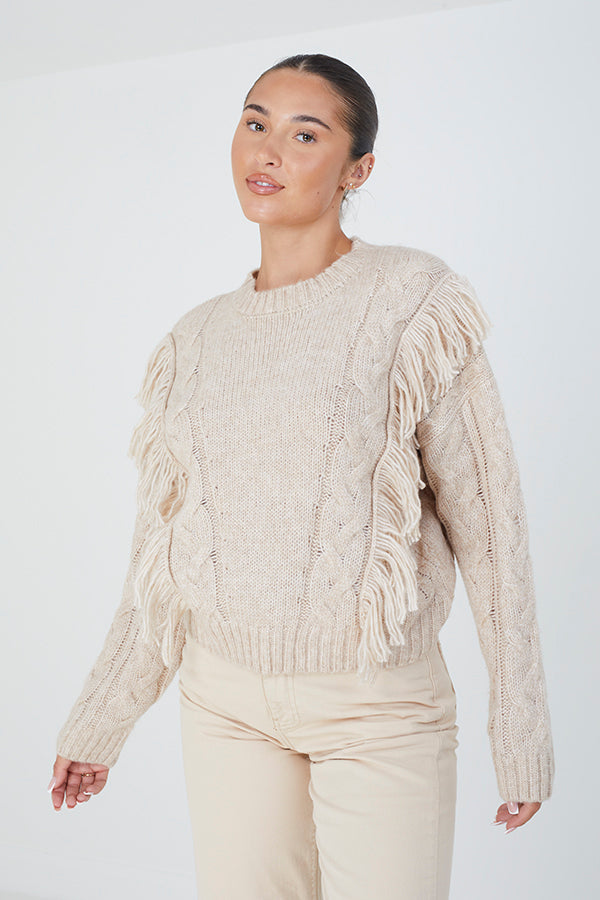 Brave Soul Beige Crew Neck Tassel Jumper - Beige Image 1