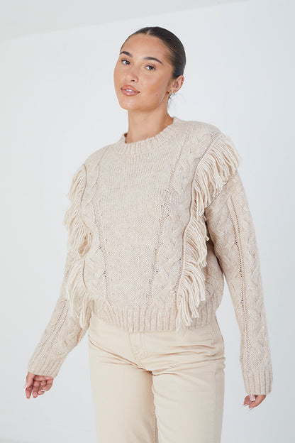 Brave Soul Beige Crew Neck Tassel Jumper - Beige Image 1