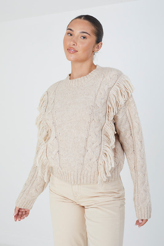 Brave Soul Beige Crew Neck Tassel Jumper - Beige Image 1