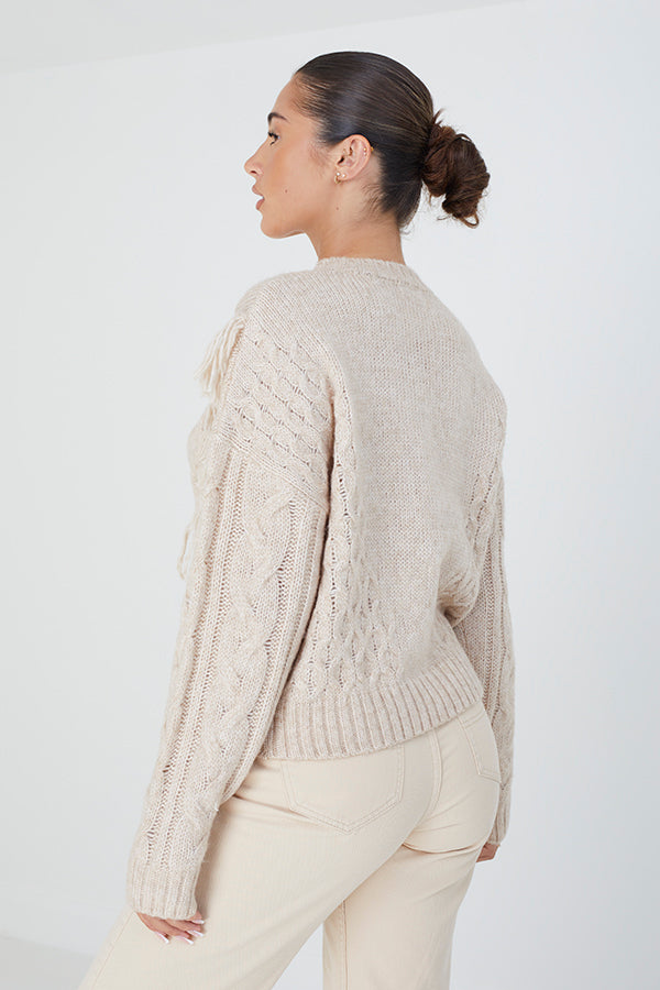 Brave Soul Beige Crew Neck Tassel Jumper - Beige Image 2