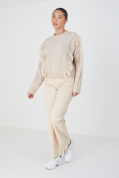 Brave Soul Beige Crew Neck Tassel Jumper - Beige Image 3