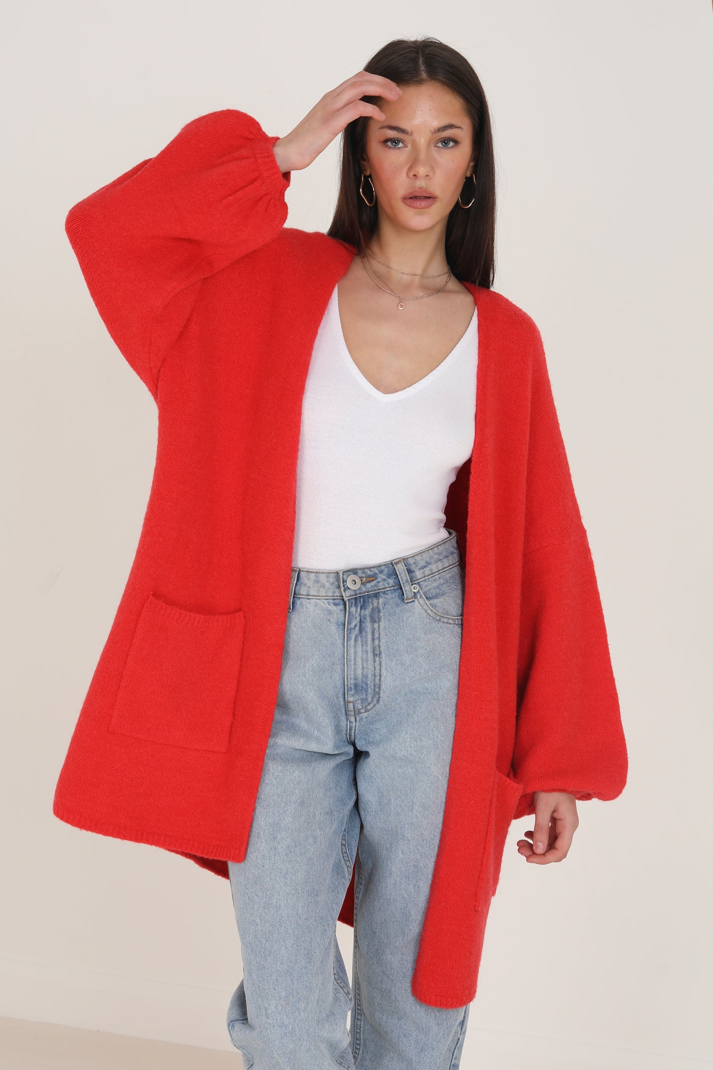 Brave Soul Red Oversized Cardigan With Balloon Sleeves - Red Image 1