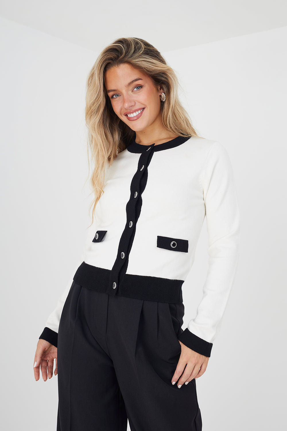 Brave Soul Cream Classic Round Neck Cardigan - Cream Image 1