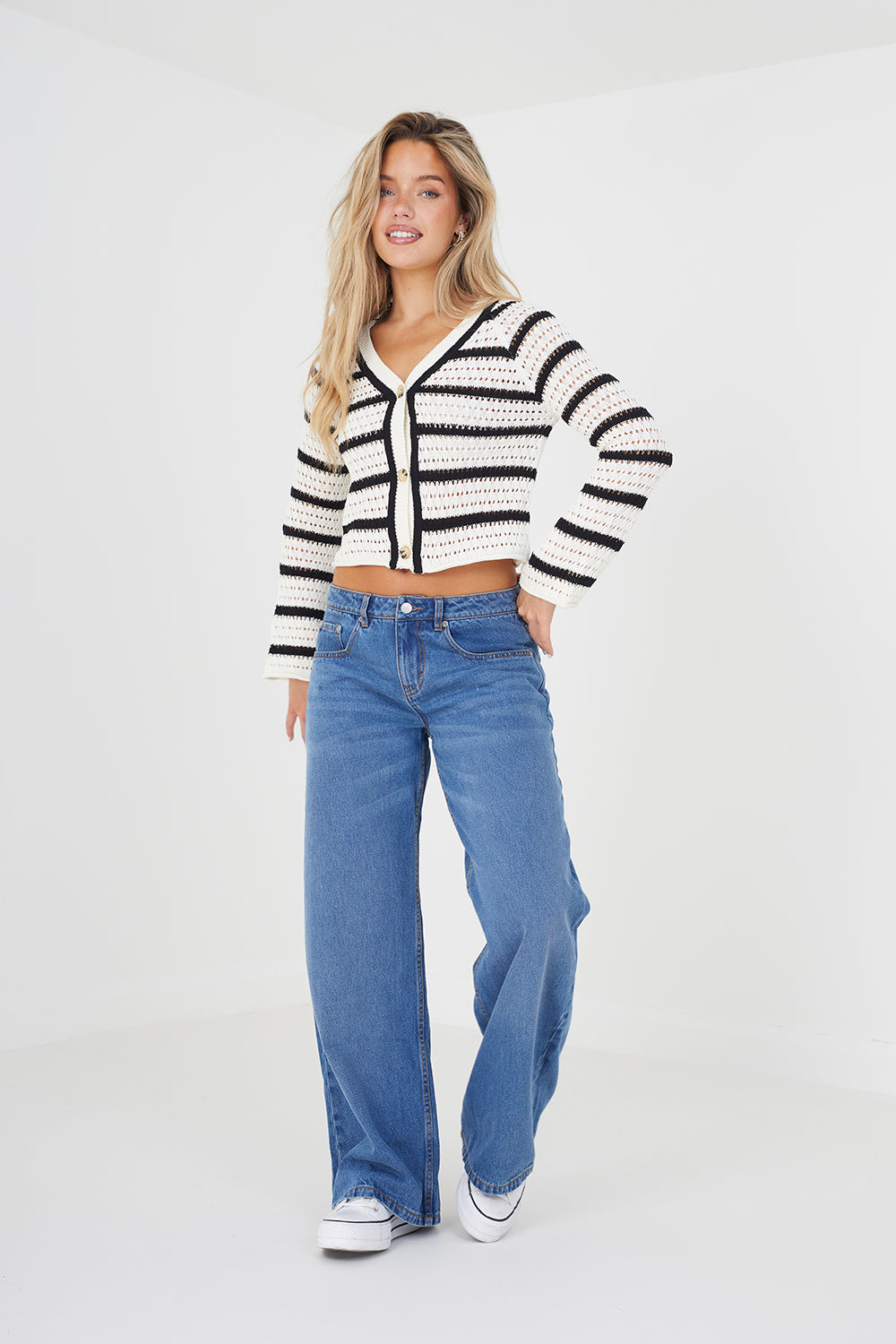 Brave Soul Ivory Striped V-Neck Knitted Cardigan - Ivory Image 3
