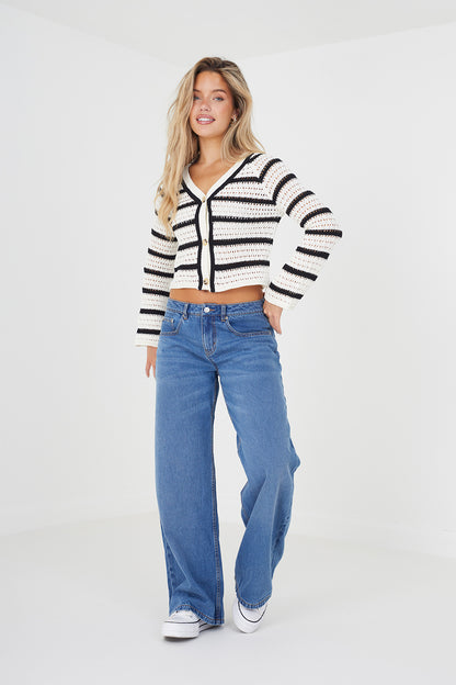 Brave Soul Ivory Striped V-Neck Knitted Cardigan - Ivory Image 3