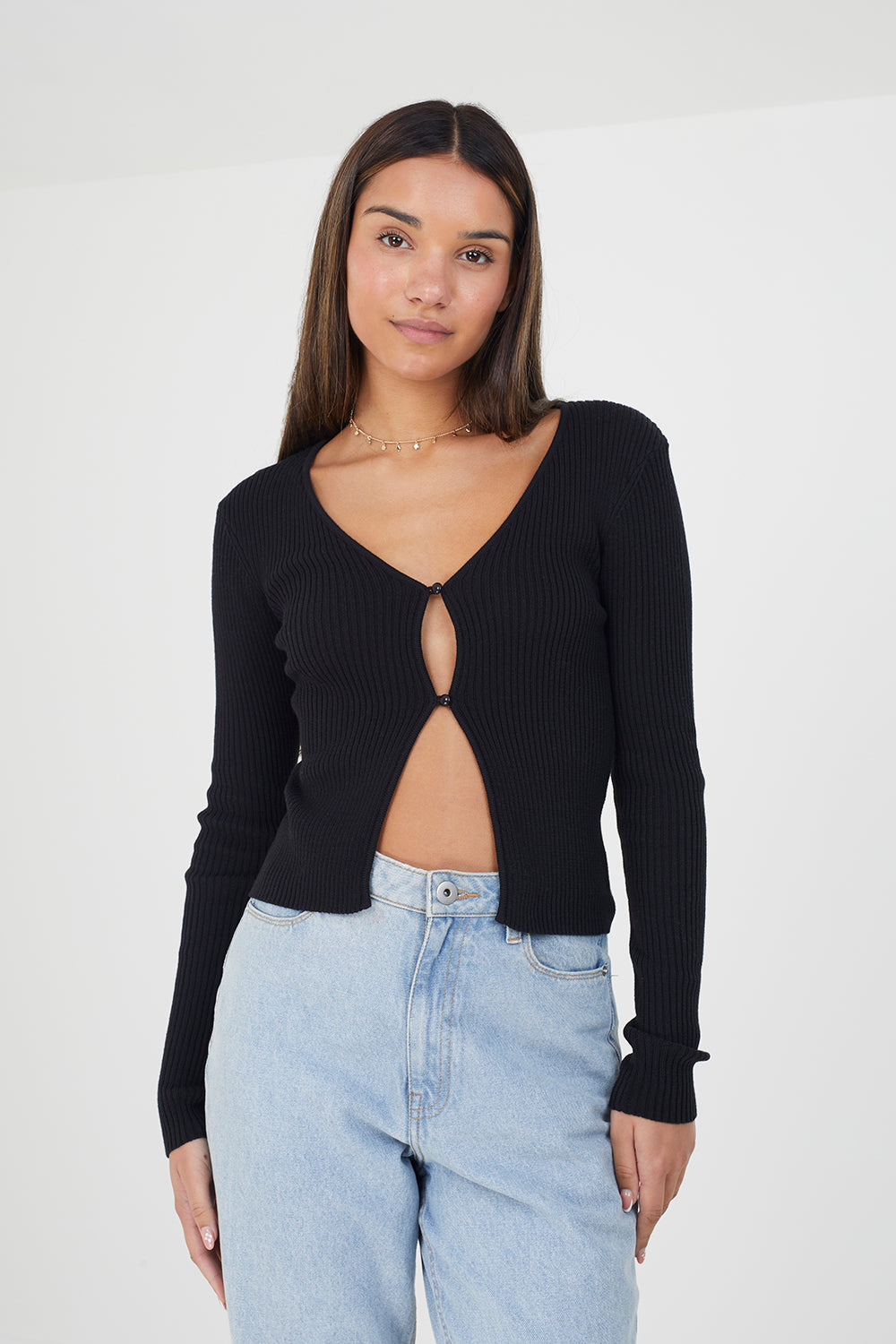 Brave Soul Black Ribbed Knitted V-Neck Cardigan - Black Image 1