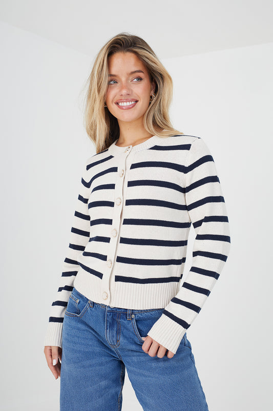 Brave Soul Ivory Striped Knitted Cardigan - Ivory Image 1
